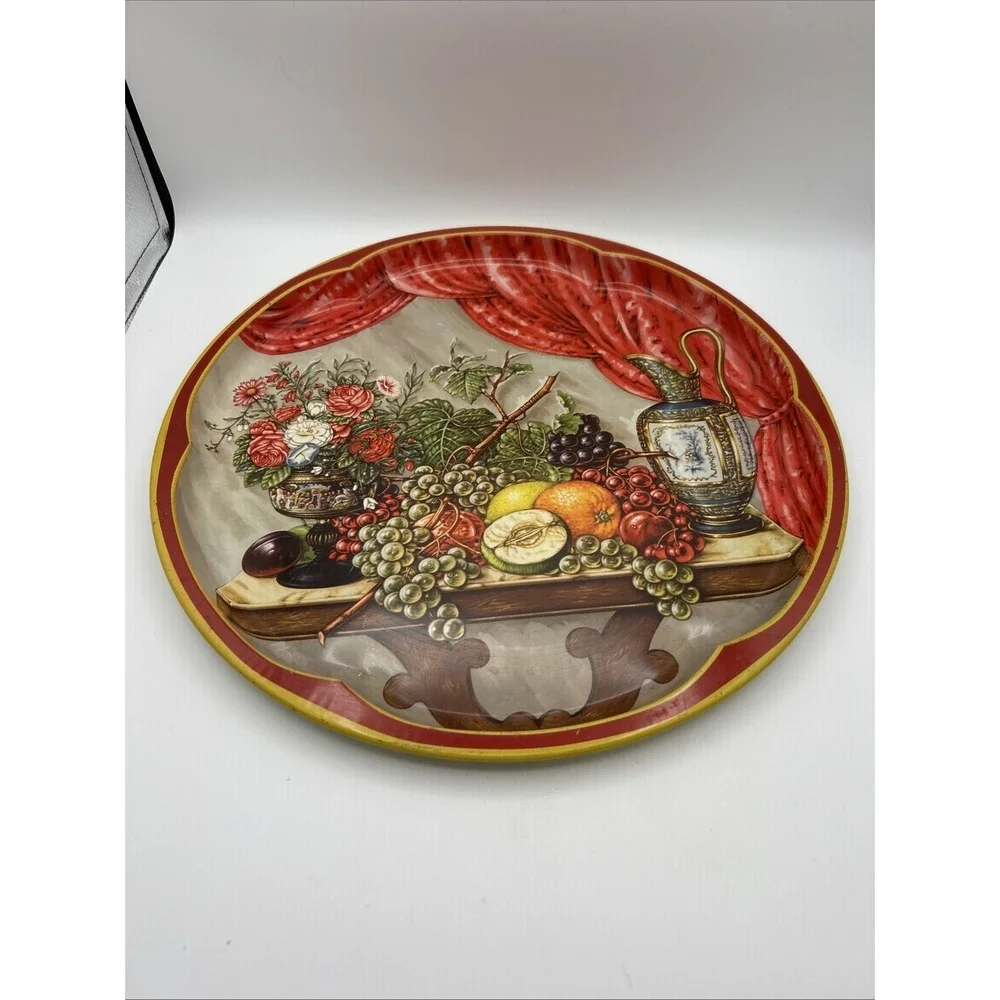 Daher Decorated Ware Serving Tray Round Large Red Gold Still Life‎ Fruit Floral
